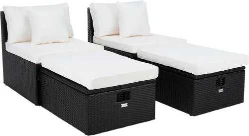 SAFAVIEH Juego de sofá Pramla y otomana para exteriores - Negro y beige - Marco de acero con cojín - Diseño de almacenamiento costero - Ideal para
