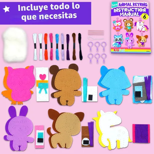 Miniatura 2 de Kit de llavero de costura de unicornio KRAFUN para niños de 7, 8, 9, 10, 11, 12 años, aprende arte y manualidades, incluye 6 animales de peluche