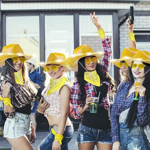 Miniatura 6 de Unittype Paquete de 18 sombreros de vaquero, sombrero de vaquera para novia, sombrero LED de vaquero espacial con 6 gafas, 6 bandana para mujer