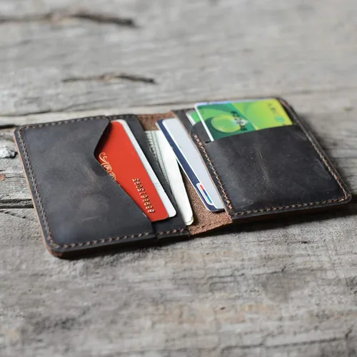 Miniatura 2 de Cartera minimalista hecha a mano de cuero envejecido para hombres tarjetero para regalos flores marrones