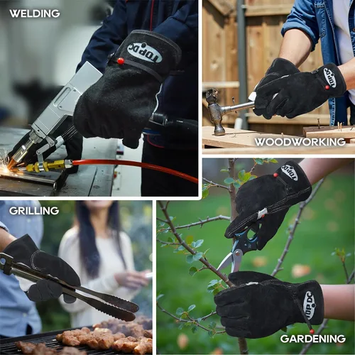 Miniatura 5 de TOPDC Guantes de trabajo de cuero para hombres o mujeres, guantes de cuero de piel de vaca para jardinería, soldadura TIG/MIG, motosierra, granja