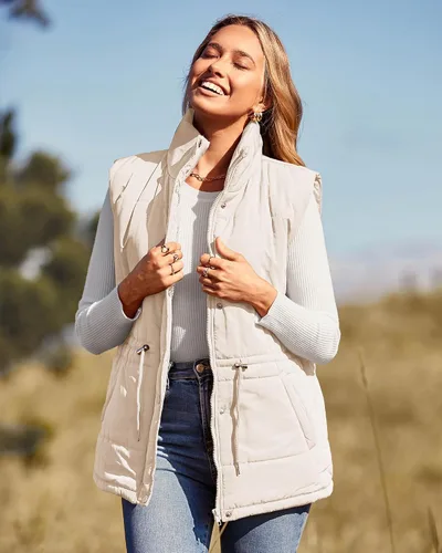 Miniatura 2 de BTFBM Chaleco casual para mujer, con botones, con cremallera, acolchado, con cordón, sin mangas, con bolsillos