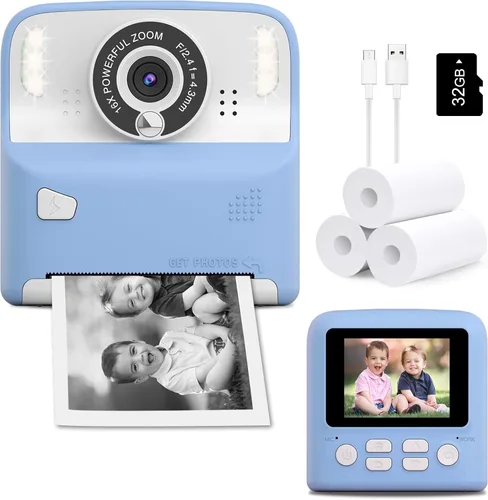 Amzelas Cámara de impresión instantánea para niños, cámara portátil de juguetes para niños pequeños, imprime fotos en blanco y negro al instante,
