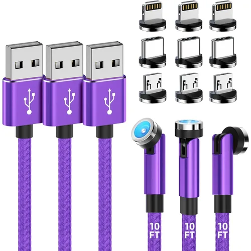 Miniatura 9 de Cable de carga magnético [paquete de 3, 10 pies/10 pies/10 pies] Cargador magnético giratorio de 540° para teléfono, cable USB magnético 3 en 1
