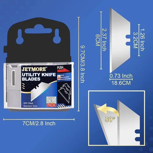 Miniatura 7 de JETMORE - Hojas de cuchillo utilitario, paquete de 50 hojas para cortador de caja, hoja de acero SK5 de alto carbono, hoja de tamaño estándar