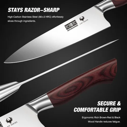 Miniatura 4 de HOSHANHO Juego de 5 cuchillos de cocina estilo japonés, cuchillos de chef profesionales ultra afilados de acero inoxidable de alto carbono con mango