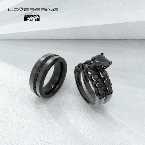 Miniatura 15 de Conjunto de dos anillos de boda para él y para ella, anillos para parejas. Anillos de compromiso para novia en acero inoxidable chapado en oro Blanco