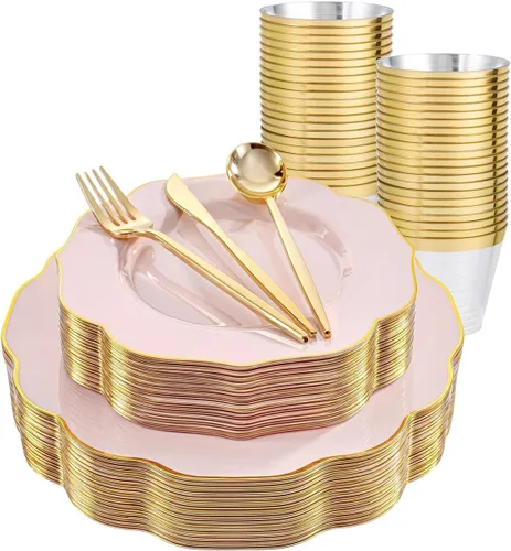 Miniatura 16 de bUCLA 180 piezas platos de plástico azul - azul marino y borde dorado desechables incluye 30 de cada uno (cena y postre) platos, 30 cuchillos, 30