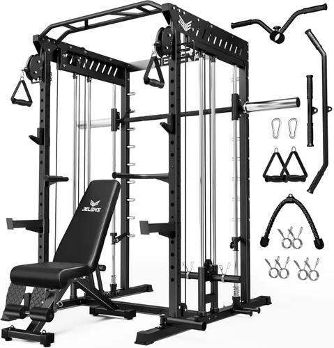 Miniatura 30 de JELENS M21 - Máquina Smith, jaula de potencia multifunción con sistema de cruce de cable de polea doble, banco de sentadillas todo en uno de 907 kg