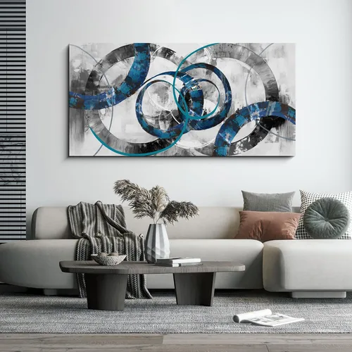 Miniatura 19 de XLSJERST Arte abstracto de pared para sala de estar, lienzo grande, azul y blanco, minimalismo moderno, obra de arte horizontal para dormitorio