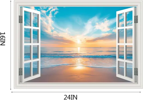 Miniatura 2 de Calcomanía de pared falsa para ventana, atardecer de verano, paisaje marino, océano, playa, póster de ventana falsa para decoración de pared