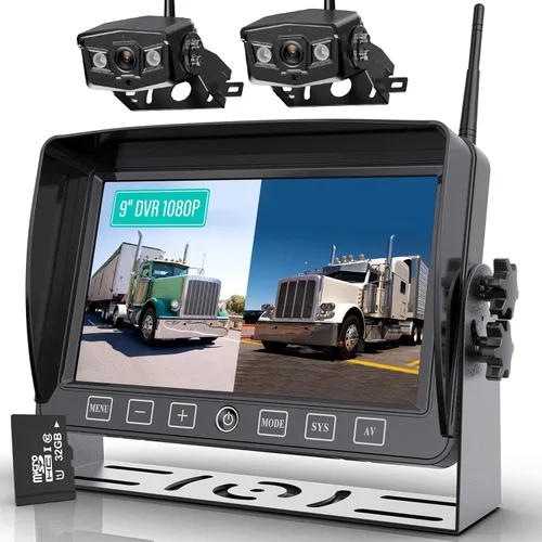 Cámara de respaldo inalámbrica, monitor de grabación en bucle HD 1080P de 9 pulgadas con 2 sistemas de cámara de visión trasera para automóviles,