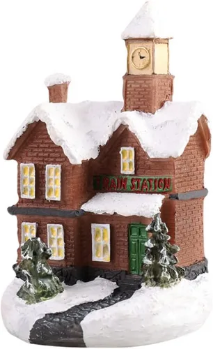 Miniatura 12 de Ochine Casa con luz de pueblo navideño, decoración navideña con luz LED, material de resina, edificios coleccionables de vacaciones