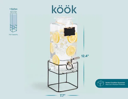 Miniatura 6 de Kook Glass Drink Dispenser, with Stand, 1 Gallon, Serves 15 Cups, Leak-Proof Stainless Steel Spigot, Beverage Storage for Fridge, for Water, Iced