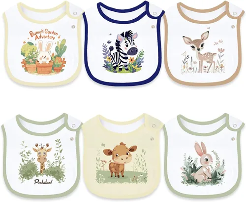 Baberos de bebé para niños y niñas, algodón impermeable, paquete de 6, baba y hora de comer Multi7a