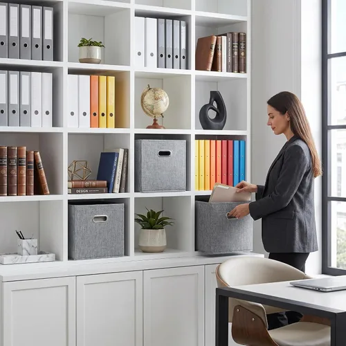 Miniatura 4 de Cubos de almacenamiento de tela gris de 12 x 12 pulgadas, paquete de 4 cubos organizadores plegables con aspecto de lino con asas, cestas plegables