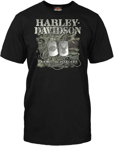 Harley-Davidson Military - Camiseta gráfica de manga corta para hombre - Tour en el extranjero Etiquetas para perros, Negro, talla única