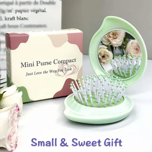 Miniatura 6 de Cepillo de pelo con espejo, juego de espejo compacto y mini cepillo de pelo, cepillo plegable para mujer, regalos para mujer, verde