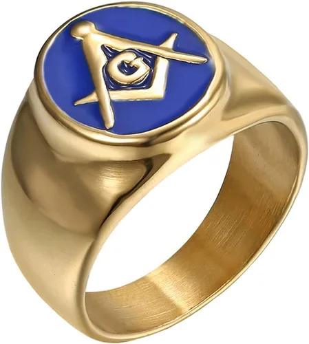 IFUAQZ Anillos masónicos masones de acero inoxidable chapados en oro para hombre, correa de motociclista con sello de masón y con logotipo de G