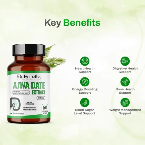 Miniatura 7 de Dr. HERBALIST Extracto de dátiles Ajwa 350mg - 60 cápsulas Sin OMG Absorción rápida Vegetariano