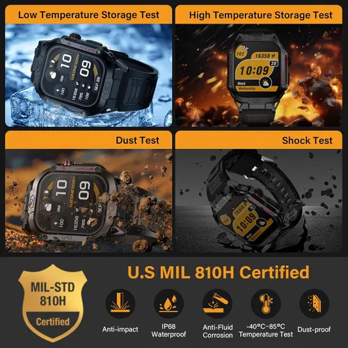 Miniatura 8 de Reloj inteligente militar para hombre, reloj inteligente deportivo al aire libre de 2.02 pulgadas con linterna, frecuencia cardíaca, oxígeno y Negro