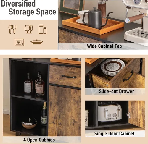 Miniatura 6 de Giantex Aparador grande para bufé con almacenamiento, isla estacionaria con organizador de 4 cubos, 1 cajón, armario de 1 puerta, armario de cocina