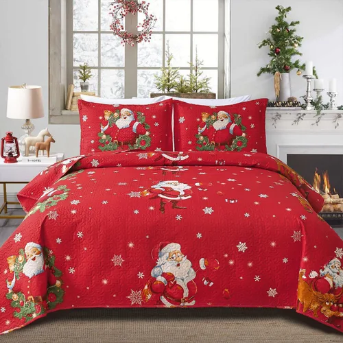 Miniatura 16 de Juego de colcha de Navidad de Smuge, tamaño king - Reversible, con diseño de alce, muñeco de nieve, árbol de Navidad, pequeña campana, rojo, verde