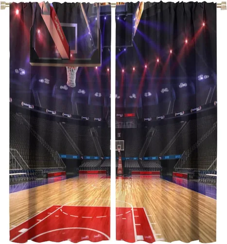 Miniatura 37 de Cortinas deportivas de baloncesto para niños, patrón de llama de bola 3D naranja, 42 pulgadas de ancho x 45 pulgadas de largo