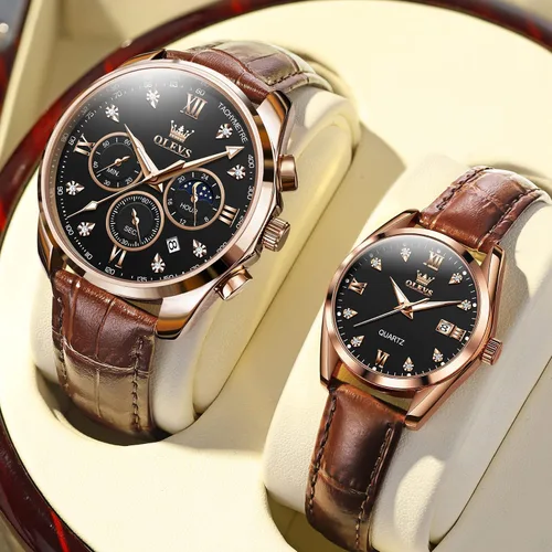 Miniatura 17 de OLEVS Juego de 2 relojes de cuarzo para parejas de San Valentín, para él y ella, cronógrafo de cuero, con diamantes para hombres, mujeres, amantes