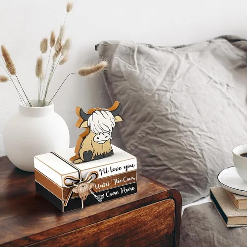 Miniatura 6 de Yookeer 4 Piezas Decoración de Bandeja Escalonada de Vaca Highland Mini Pilas de Libros de Madera Decoraciones de Mesa Libro de Madera de Vaca