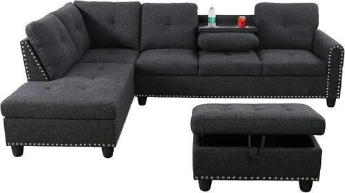 Miniatura 9 de Star Home Living Sofás otomanos seccionales, 97.2 pulgadas de ancho x 69.3 pulgadas de profundidad x 32.3 pulgadas de alto, negro