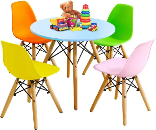Costzon Juego de mesa y silla para niños, 5 piezas de escritorio para niños de estilo moderno de mediados de siglo con patas de madera, marco de