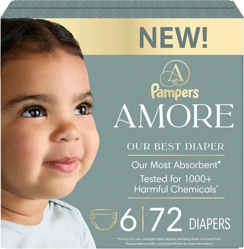 Miniatura 32 de Pampers Amore, tamaño 3 (13-26 libras), 66 unidades, nuestro mejor pañal, hipoalergénico y sin fragancia, hasta 100% a prueba de fugas, suave como