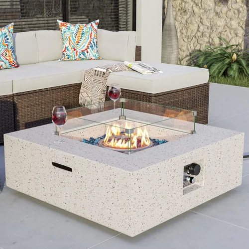COSIEST Mesa cuadrada para fogata de propano para exteriores, base de maceta de piedra sintética blanca terrazo de 35 pulgadas, quemador de acero
