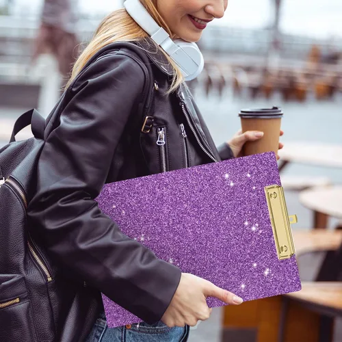 Miniatura 4 de Piasoenc Portapapeles acrílicos, tablero de clip con purpurina de moda con clip dorado de perfil bajo, diseñado para uso en el aula, la escuela