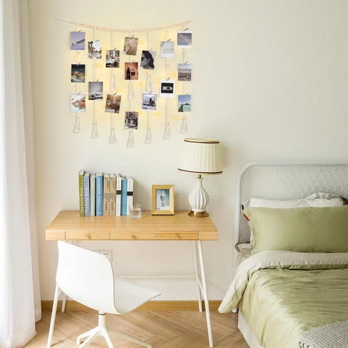 Miniatura 3 de Mkono Decoración de pared colgante de macramé con cadena de luces, habitación bohemia para dormitorio, cuentas de madera, guirnalda para tarjetas