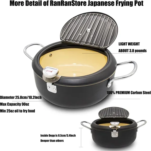 Miniatura 3 de Olla Freidora Japonesa Profunda con Termómetro Fahrenheit 3.5L - Freidora con Revestimiento Antiadherente, Fríe Negro