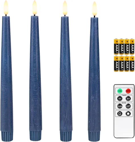 Fanna Velas LED cónicas sin llama de 9.6 pulgadas con temporizador en cera real, velas de cera rústica a pilas con control remoto, 8 baterías Azul