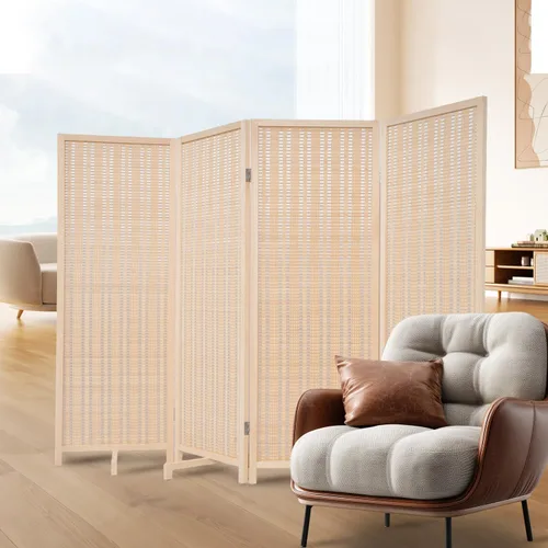 Panel divisor de habitación de bambú con patas giratorias de 360°, 4 paneles de 47 pulgadas de alto, pantalla de privacidad plegable corta para