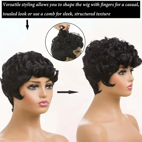 Miniatura 9 de Pelucas cortas de corte Pixie negro natural para mujeres negras, pelucas de cabello rizado de repuesto, peluca corta negra en capas con flequillo