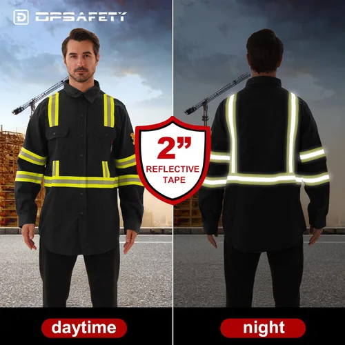 Miniatura 2 de Camisas FR para hombre, 7 onzas, de alta visibilidad, resistentes al fuego, CAT2, camisa de soldadura CAT2, 100% algodón, de alta visibilidad