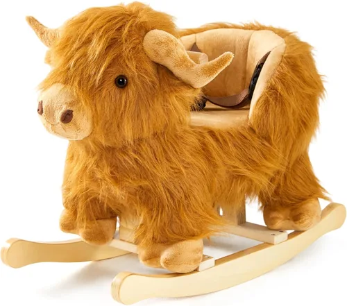 Caballo mecedora bebé, caballo de madera de ganado Highlander para niños de 1 año lindo vaca de peluche suave cabalgadura juguete mecedora animal