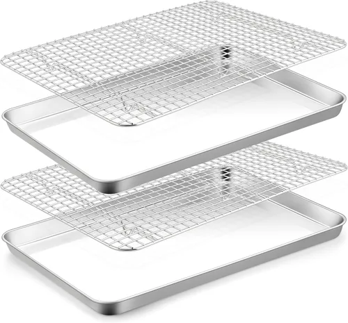 Miniatura 11 de TeamFar - Juego de bandeja para mini horno tostador con estante, 9 x 7 x 1 pulgada de acero inoxidable con rejilla para hornear, asar y enfriar, sin