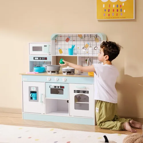 Miniatura 8 de VEVOR Juguete de cocina de madera para niños con luces y sonidos, cocina para niños pequeños con máquina de hielo, horno, fregadero, microondas