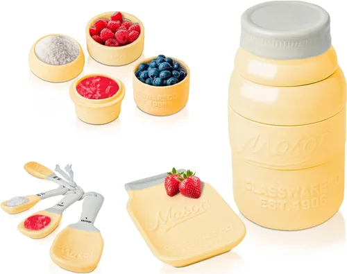 Miniatura 9 de Comfify Mason Jar Menaje de Cocina – 4 Tazas Medidoras, 4 Cucharas, Apoya Cucharas – Cerámica Vintage en Gris