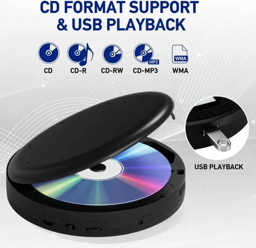 Miniatura 3 de Reproductor de CD portátil, reproductor de CD portátil recargable con altavoces duales y antisalto, CD, USB, AUX, pantalla LCD, botón Negro