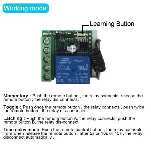 Miniatura 2 de QIACHIP DC 12V 1CH 433MHz control remoto inalámbrico de relé RF interruptor momentáneo de luz transmisor con receptor (1 relé)