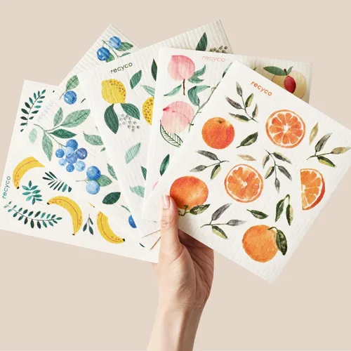 Miniatura 22 de RECYCO Paños suecos para cocina Paquete de 5 trapos geométricos lavables Toallas de papel de limpieza reutilizables de celulosa Paño