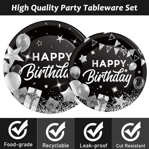 Miniatura 3 de 96 piezas de decoraciones de fiesta de feliz cumpleaños en negro, blanco y plateado, juego de vajilla de cumpleaños, confeti espolvoreado, platos