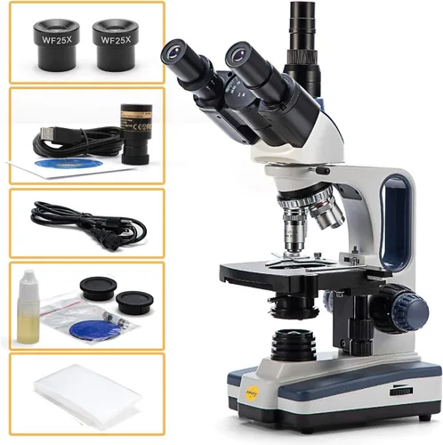 Miniatura 5 de SWIFT Microscopio de laboratorio compuesto trinocular 40X-2500X con cámara y diapositivas de 3MP, etapa mecánica, condensador de Abbe